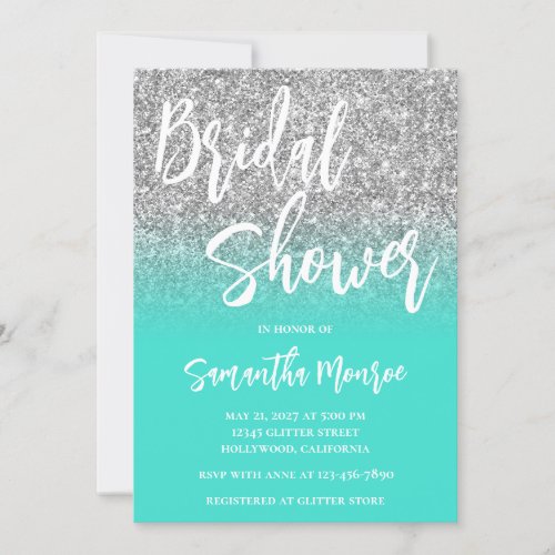 Silver Glitter Turquoise QR Code Bridal Shower Invitation
