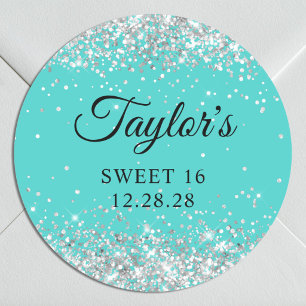 Silver Glitter Turquoise Sweet 16 Classic Round Sticker