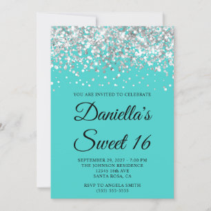 Silver Glitter Turquoise Sweet 16 Invitation