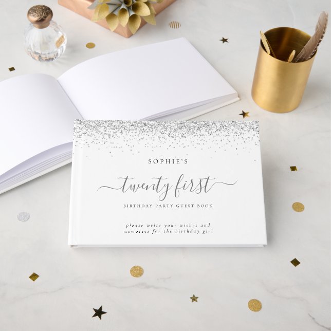 Silver Glitter Twenty First Birthday Party Guest Book (Front Open)