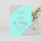 Silver glitter typography aqua blue wedding invitation (Standing Front)