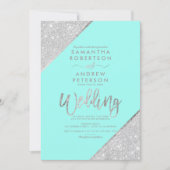Silver glitter typography aqua blue wedding invitation (Front)