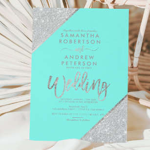 Silver glitter typography aqua blue wedding invitation