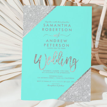 Silver Glitter Typography Aqua Blue Wedding Invitation by girly_trend at Zazzle