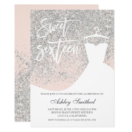 silver glitter typography blush dress Sweet 16 Invitation | Zazzle.com