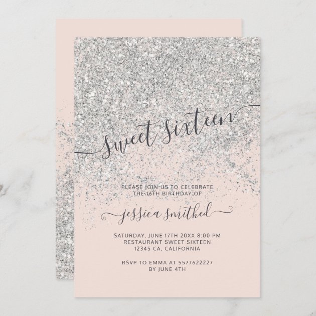 Silver Glitter Typography Blush Pink Sweet 16 Invitation | Zazzle