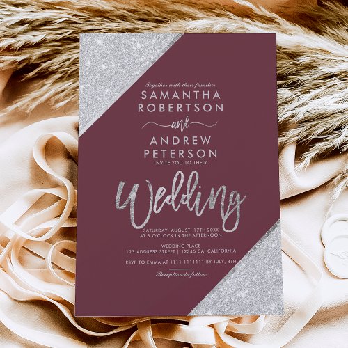 Silver glitter typography burgundy wedding invitation