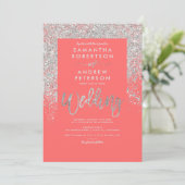 Silver glitter typography coral chic wedding invitation (Standing Front)