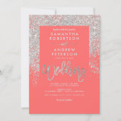 Silver glitter typography coral chic wedding invitation (Front)