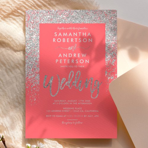 Silver glitter typography coral chic wedding invitation