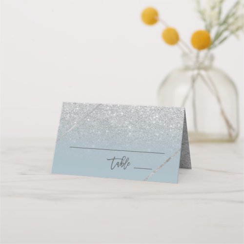 Silver glitter typography dusty blue wedding place card