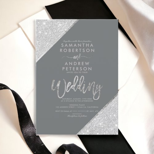 Silver glitter typography grey chic wedding invitation