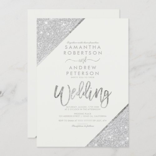 Silver glitter typography ivory wedding invitation