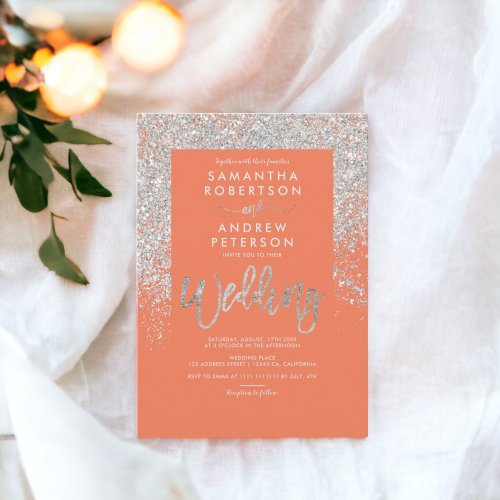 Silver glitter typography orange coral wedding invitation