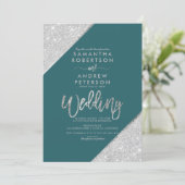 Silver glitter typography teal green wedding invitation (Standing Front)