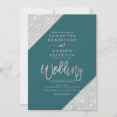 Silver glitter typography teal green wedding invitation (Front)