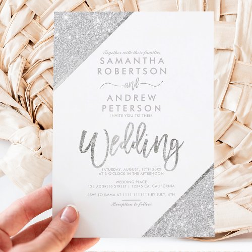 Silver glitter typography white wedding invitation