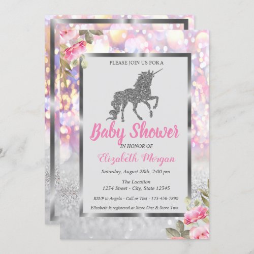 Silver Glitter Unicorn BokehFloral Baby Shower Invitation