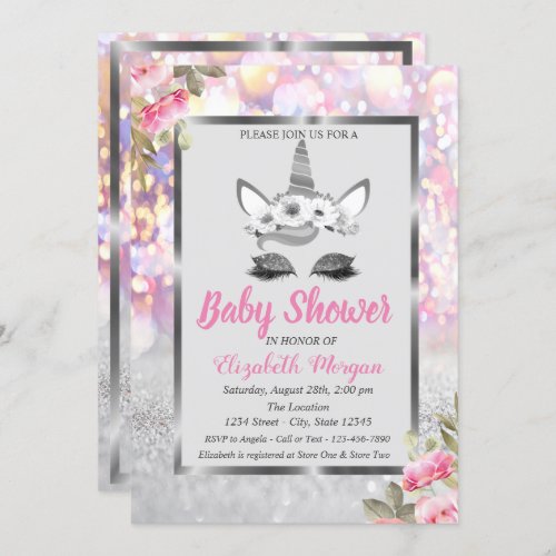 Silver Glitter Unicorn Floral Boeh Baby Shower Invitation