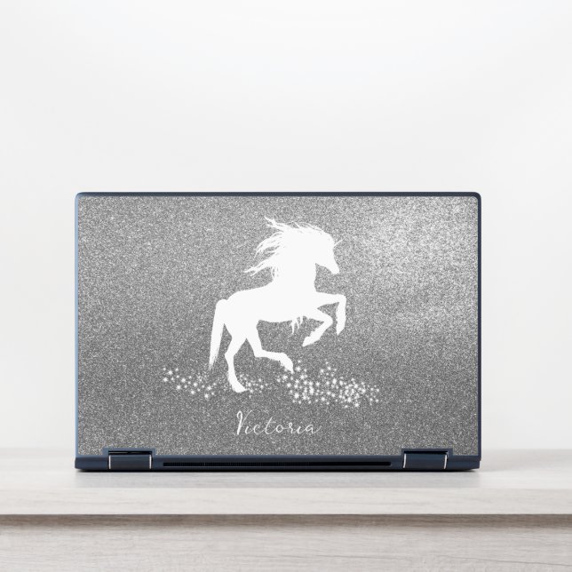 Silver Glitter Unicorn HP Laptop Skin (Front)