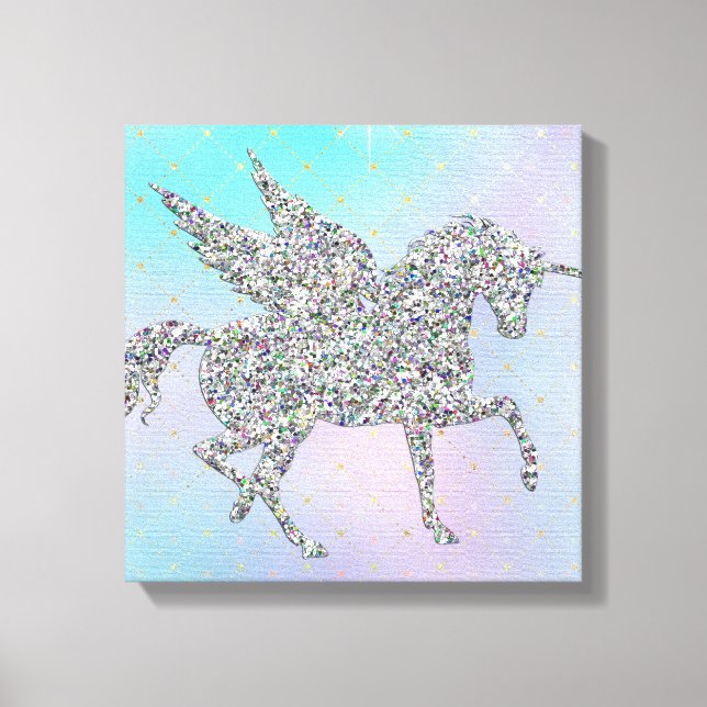 Silver Glitter Unicorn on Pastel Canvas Print (Front)