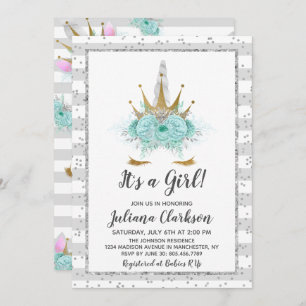 Silver Glitter Unicorn Princess Baby Shower Invitation