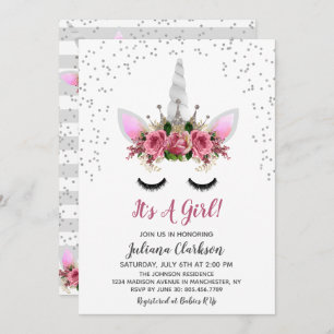 Silver Glitter Unicorn Princess Baby Shower Invitation