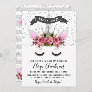 Silver Glitter Unicorn Princess Baby Shower Invitation