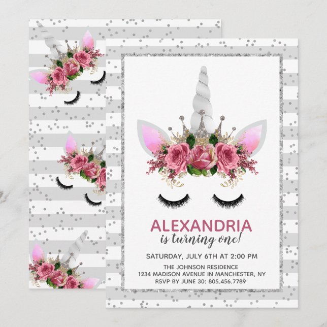 Silver Glitter Unicorn Princess Birthday Invitation (Front/Back)