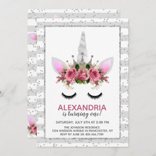 Silver Glitter Unicorn Princess Birthday Invitation