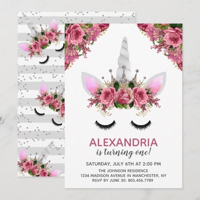 Silver Glitter Unicorn Princess Birthday Invitation (Front/Back)
