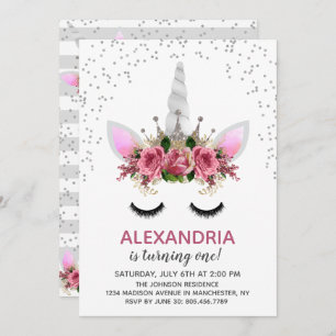 Silver Glitter Unicorn Princess Birthday Invitation