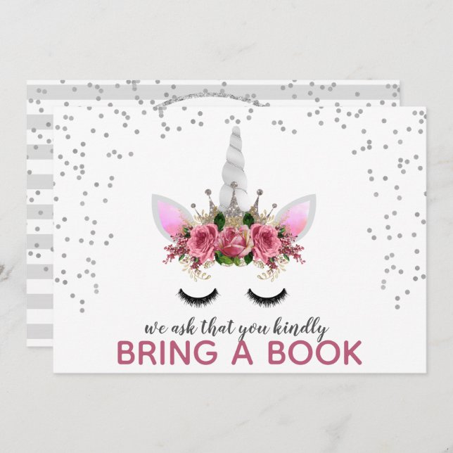 Silver Glitter Unicorn Princess Bring A Book Invitation (Front/Back)