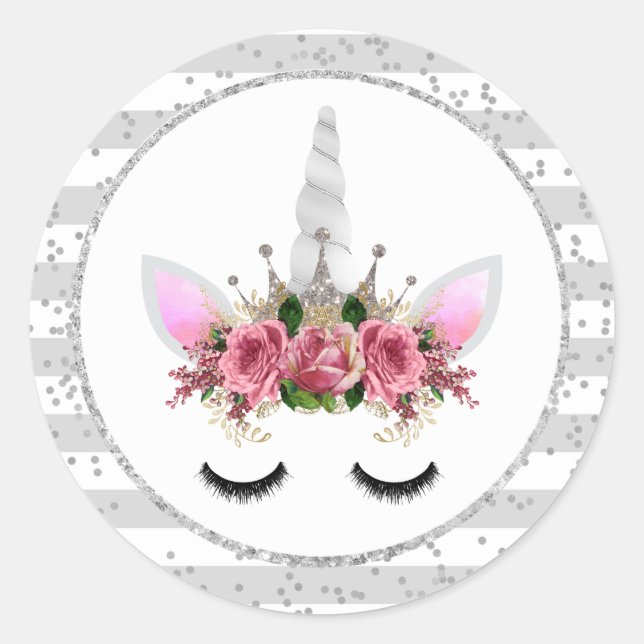 Silver Glitter Unicorn Princess Classic Round Sticker (Front)