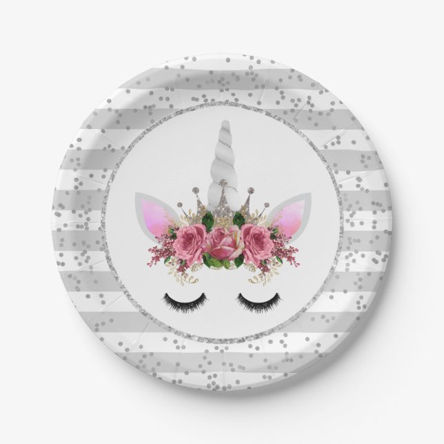 Silver Glitter Unicorn Princess Paper Plates (Front)