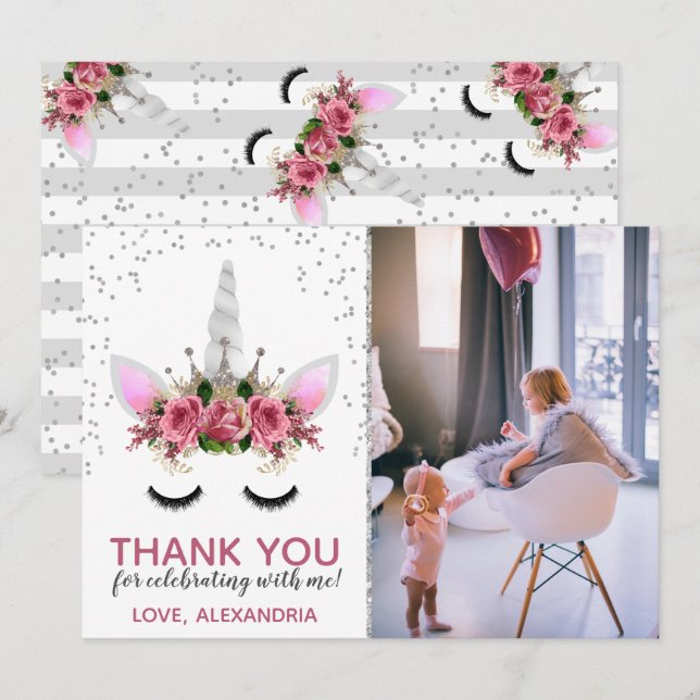 Silver Glitter Unicorn Princess Thank You Invitation (Front/Back)