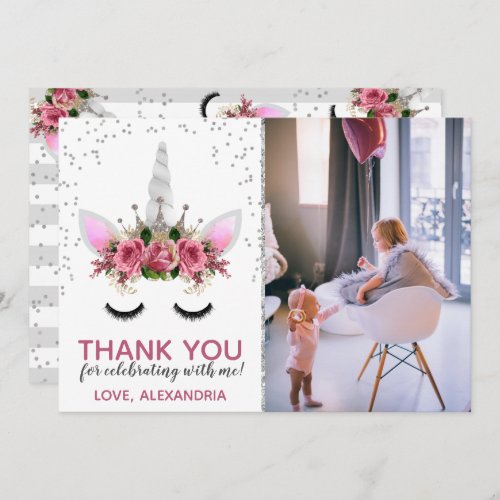 Silver Glitter Unicorn Princess Thank You Invitation