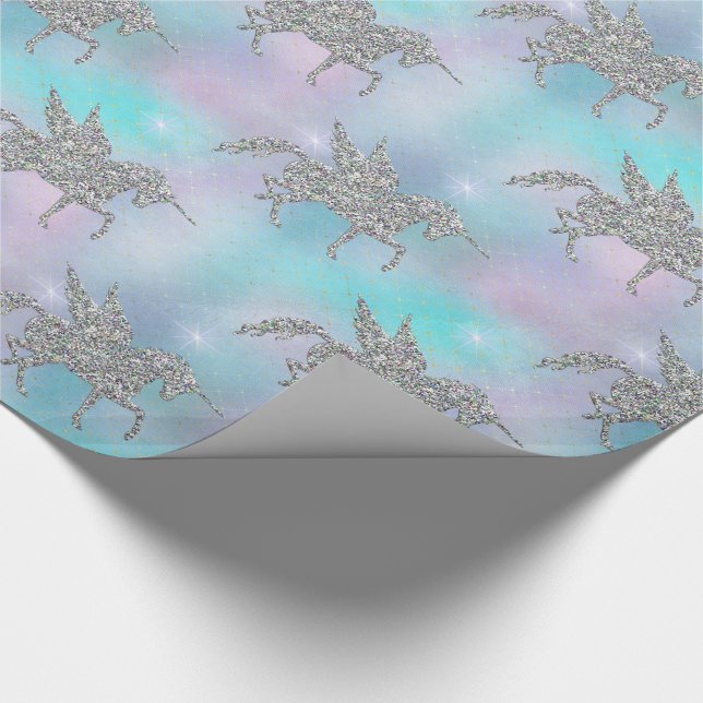 Silver Glitter Unicorns on Pastel Wrapping Paper (Corner)