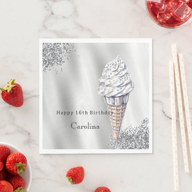 Silver Glitter Vanilla Ice Cream Cone Birthday Napkins (Insitu)