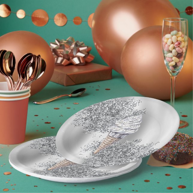 Silver Glitter Vanilla Ice Cream Cone Birthday Paper Plates (Multi)