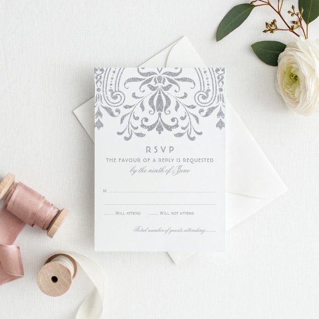Silver Glitter Vintage Damask RSVP Card (Creator Uploaded)