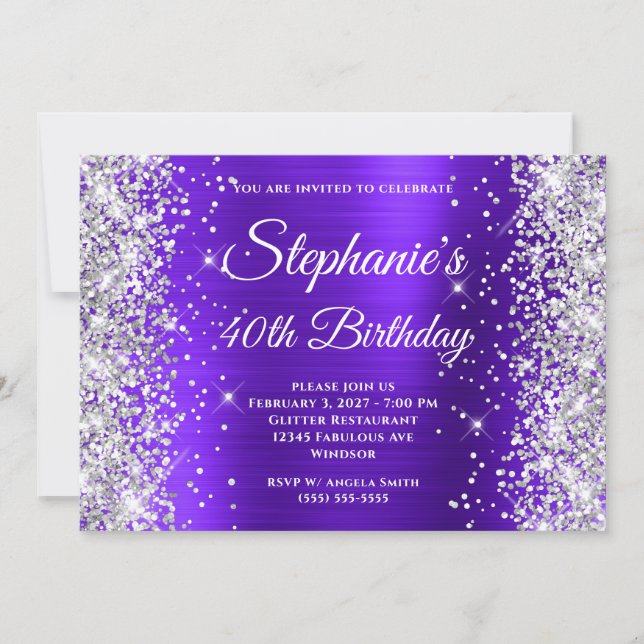 Silver Glitter Violet Fancy Monogram 40th Birthday Invitation (Front)
