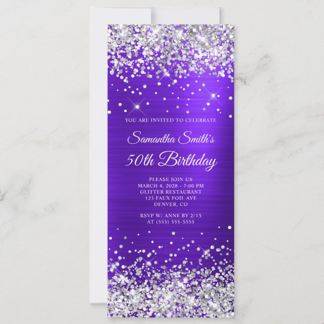 Silver Glitter Violet Indigo 50th Birthday Invitation (Front)