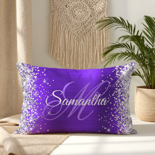 Silver Glitter Violet Indigo Foil Fancy Monogram Lumbar Pillow