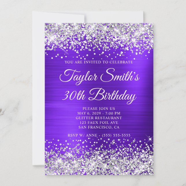 Silver Glitter Violet Monogram 30th Birthday Invitation (Front)
