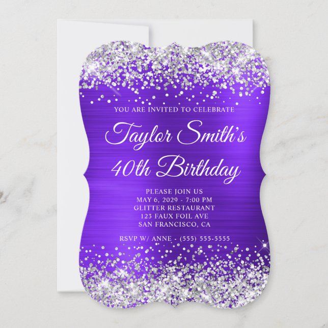 Silver Glitter Violet Monogram 40th Birthday Invitation (Front)