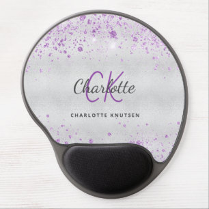 Silver glitter violet monogram name gel mouse pad