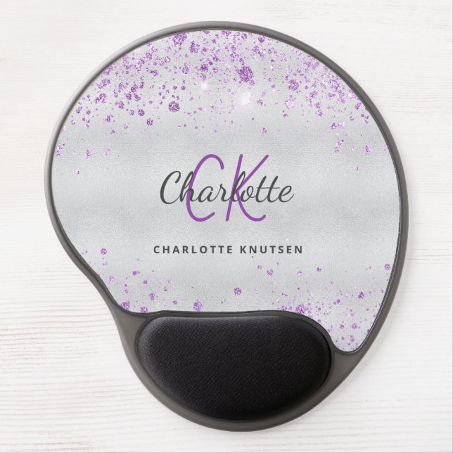 Silver glitter violet monogram name gel mouse pad (Front)