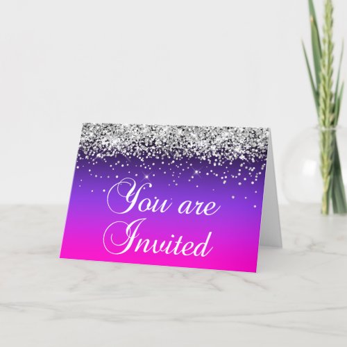 Silver Glitter Violet Pink Ombre You Are Invited Invitation