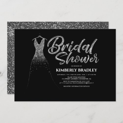 Silver Glitter Wedding Dress Black Bridal Shower Invitation